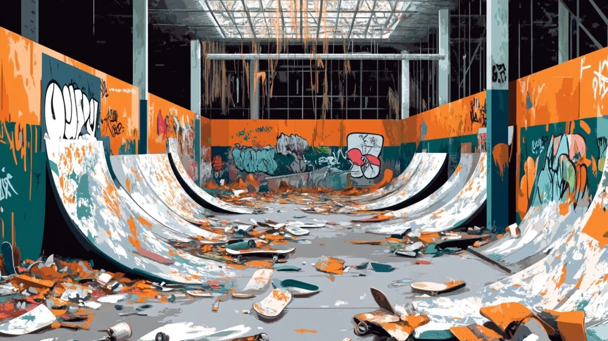 Illustration of a skate park with trash all around. 